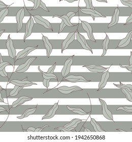 Eucalipto verde pálido deja sobre fondo rayado blanco caqui. Patrón de WWlow Branch sin fisuras. Planta, ornamento Laurel Twig. Textura vectorial floral para impresión textil, rayado, envoltura, papel regalo