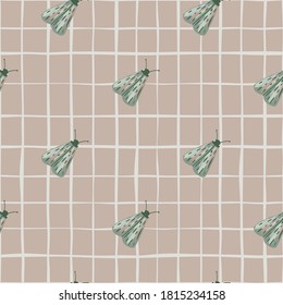 Pale green folk moles seamless doodle pattern. Hand drawn insect silhouettes on beige chequered background. Decorative backdrop for wallpaper, textile, wrapping paper, fabric print.