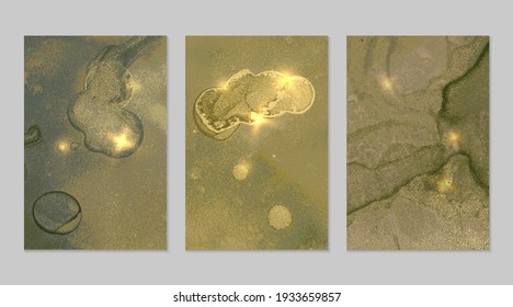 Pale green and gold pattern with texture of geode and sparkles. Abstract vector background in alcohol ink technique. Modern paint with glitter. Set of backdrops for banner, poster design. Fluid art