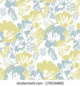 Pale green and gray wild flowers seamless pattern for background, fabric, textile, wrap, surface, web and print design. Decorative hand drawn abstract floral rapport in pastel colors.