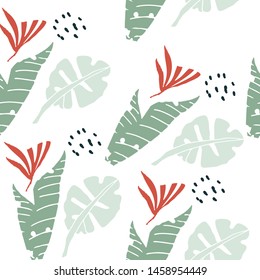 pale green leaves, orange flowers and black dots seamless pattern on  white background