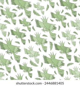 Pale green monochrome hand drawn fictional birds repeated in vector seamless pattern. Subtle fantasy light green birds and feathers on white backdrop in attractive surface art design.