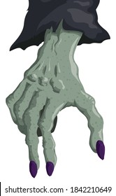 Pale and green-skinned witch hand with purple and dirty nails and dark sleeve casting a spell, over white background.