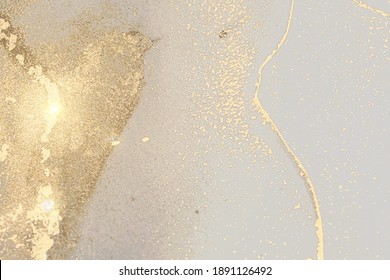 Pale grey and gold stone marble texture with glowing lights. Alcohol ink technique abstract vector background. Modern paint with glitter. Template for banner, poster design. Fluid art painting