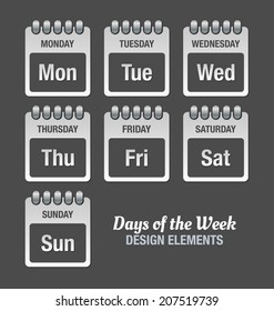 Pale grey icons with titles of days of the week isolated on dark background