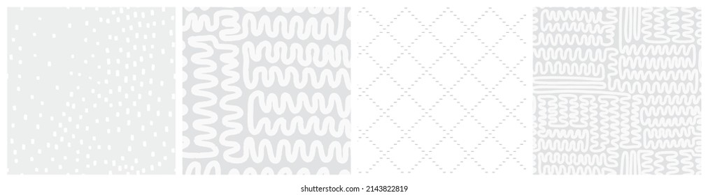 Pale grey and white background, seamless pattern set. Low contrast neutral vector designs.