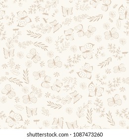 Pale hand drawn pattern. Vector butterflies and leaves.