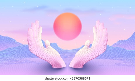 Pale holographic colored 80s or 90s styled vaporwave landscape with 3D hands holding the glowing purple sun. Blue mountains with spiritual and meditation theme.