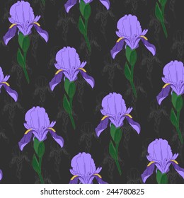 Pale Iris flowers on a dark grey background. Floral seamless pattern. Shadeless ornament. Plain backdrop for decoration or background.
