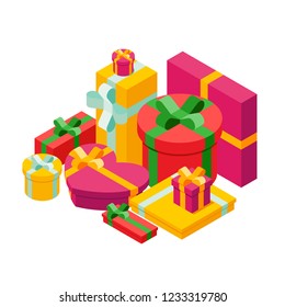 Pale of isometric gift boxes on white background, vector illustration. Bright, colorful present and gift boxes with ribbon bows.