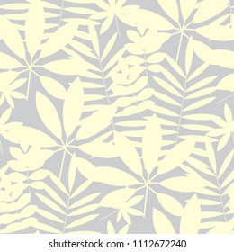 Pale ivory color tropical leaves seamless pattern in simple laconic style. for background, wrapping paper, fabric, surface design. Endless pastel repeatable motif for surface design
