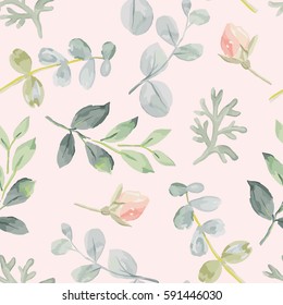 Pale leaves on the pink background. Vector seamless pattern. Romantic garden illustration. Faded colors.