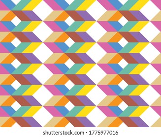 Pale multi-colored 3d cube shapes in a repeating abstract zigzag pattern