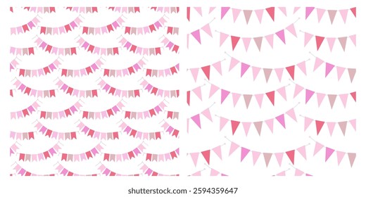 Pale Multicolored various Pennant garlands on rope Seamless Patterns Party Background concept Set 2