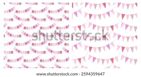 Pale Multicolored various Pennant garlands on rope Seamless Patterns Party Background concept Set 2