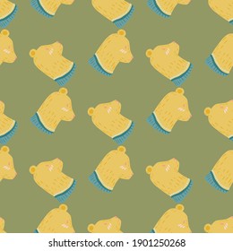 Pale orange bear head characters seamless pattern in doodle style. Pastel green olive background. Stock illustration. Vector design for textile, fabric, giftwrap, wallpapers.
