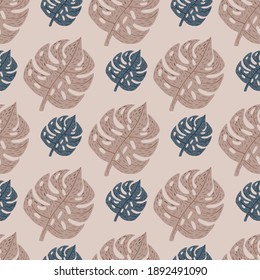 Pale palette seamless pattern with beige and navy blue monstera ornament. Pastel background. Great for fabric design, textile print, wrapping, cover. Vector illustration.