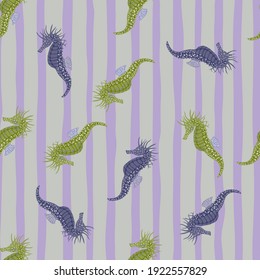 Nahtlose Farbpalette mit violettem und grünem Seepferdmobiliar. violetter Hintergrund. Dekorativer Hintergrund für Stoffdesign, Stoffdruck, Umhüllung, Abdeckung. Vektorgrafik.