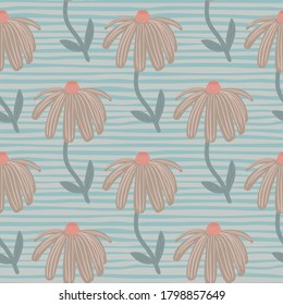 Pale pastel sunflower seamless pattern. Stylized botanic silhouettes in beige tones on blue stripped background. Decorative backdrop for wallpaper, textile, wrapping, fabric print. Vector illustration
