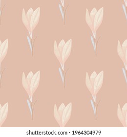 Pale pastel tones nature seamless pattern with outline crocus elements. Beige palette artwork. Graphic design for wrapping paper and fabric textures. Vector Illustration.