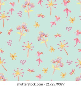 Pale pastels, butterflies, and pretty flowers repeat pattern. It would make a lovely baby blanket or jammies.  