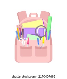 Pale pink backpack with school stationery on a white background. Back to school concept. Vector illustration in flat style