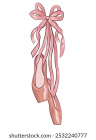 Pale pink ballet shoes (pointe shoes) with silk ribbons on a white background. Vector illustration with ribbon bow. Soft pink print for T-shirt and clothing prints. Classic ballerina shoes.