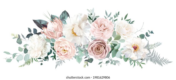 Pale Pink Camellia, Dusty Rose, Ivory White Peony, Blush Protea, Nude Pink Ranunculus, Eucalyptus Vector Design Bouquet. Wedding Neutral Sage And Beige Flowers. All Elements Are Isolated And Editable