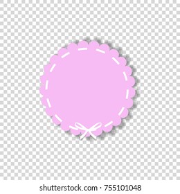 Pale pink circle seal stamp with white lace. Vector icon in cartoon style with space for text isolated on transparent background. Clip art.