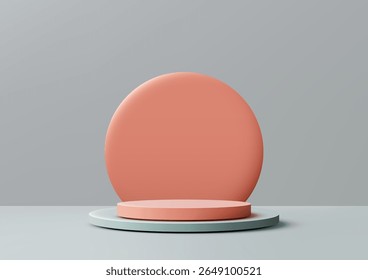 pale pink circular podium sits centered on a light teal and white base with a orange circle backdrop against a gray wall, creating a minimalist studio scene for product display or branding mockup