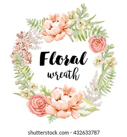 Pale pink garden flowers wreath. Vector greeting card template. Design artwork for the poster, tee shirt, pillow, home decor. Pink peony, rose, lilac, gillyflower.
