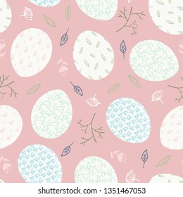 Pale pink Happy Easter seamless pattern with white decorated eggs, branches and flowers. Cute red spring ornamental eggs texture for Easters package, gift wrapping paper, textile, covers, background