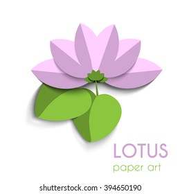  pale pink lotus flower with green leaves on white background with shadows, yoga logo,  paper cut style