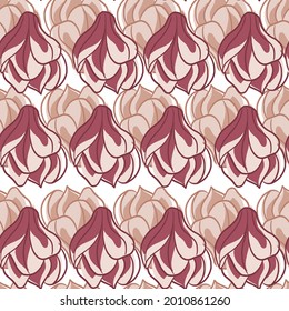 Pale pink magnolia flowers seamless pattern in hand drawn style. Isolated backdrop. Bloom ornament. Flat vector print for textile, fabric, giftwrap, wallpapers. Endless illustration.