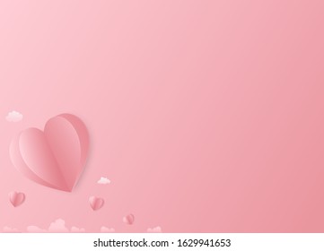 Pale pink paper hearts and white clouds in a pink background.