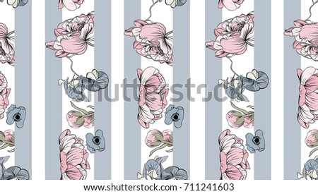 Pale pink or?hid and peonies with gray leaves on the striped background. Vector seamless pattern. Romantic garden flowers illustration.
