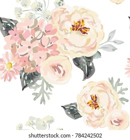 Pale pink peonies and hydrangea with gray leaves on the white background. Watercolor vector seamless pattern. Romantic garden flowers illustration. Delicate colors.