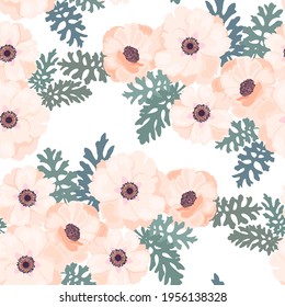 Pale pink peonies isolated on white background vector seamless pattern. Romantic garden flowers illustration. Faded colors. Cute spring summer peony flowers seamless pattern. Fabric print design