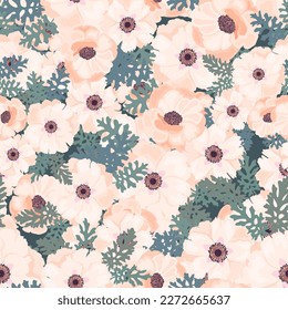 Pale pink peonies isolated on white background vector seamless pattern. Romantic garden flowers illustration. Faded colors. Cute spring summer peony flowers seamless pattern. Green leaves. 