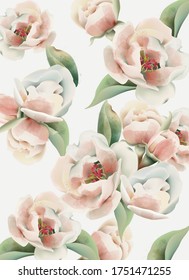 Pale pink peony pattern with green leaves. Watercolor. Vector