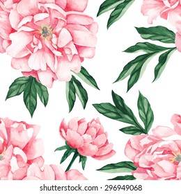 Pale pink peony. Seamless, hand-painted, watercolor pattern. Vector background