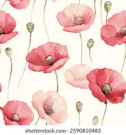 Pale pink poppies on a white background, Flower seamless pattern. Watercolor print in rustic vintage style, textile or wallpapers.