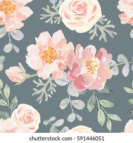 Pale pink roses and peonies with gray leaves on the dark gray background. Vector seamless pattern. Romantic garden flowers illustration. Faded colors.