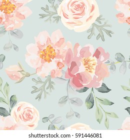 Pale pink roses and peonies with gray leaves on the gray background. Vector seamless pattern. Romantic garden flowers illustration. Faded colors.