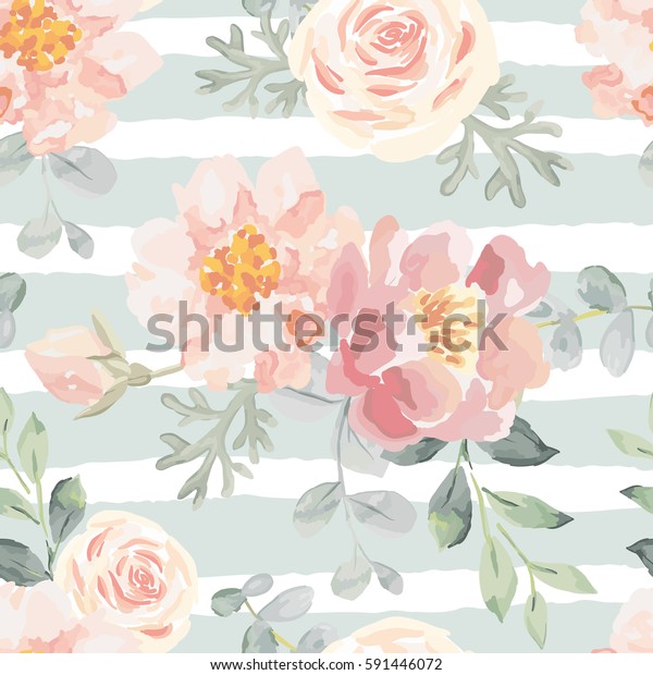 ストライプの背景に薄いピンクのバラと白い葉 ベクターシームレスなパターン ロマンチックな庭の花のイラスト 色あせた色 のベクター画像素材 ロイヤリティフリー