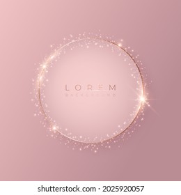 Pale pink round 3d background shape with gold frame and shiny glitter.