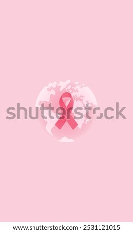 Pale pink vertical background. Breast cancer control theme concept. Silhouette of the globe and a pink satin ribbon. Breast Cancer Awareness Month. October.