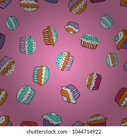 Pale pink, white and orange seamless pattern with cupcakes. Sweets background design. Cute birthday background on pink, white and orange. Vector illustration.