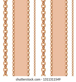 Pale pink and white stripes with golden chain. Chain print. Trendy seamless pattern.