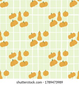 Patrón de calabaza pálida ornamento sin soldadura. Fondo gris claro con cheque. Huella de comida simple. Ideal para envolver papel, textil, papel de tela y papel pintado. Ilustración vectorial.